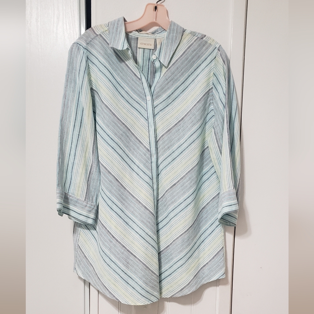 Chico's Striped Lightweight Shirt Jacket in Mint and Gray